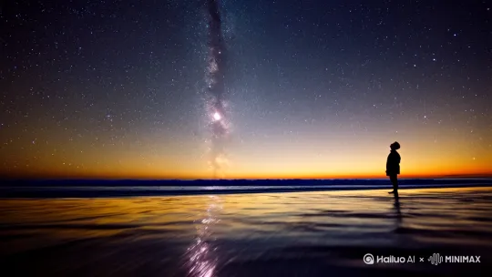 生成一个片尾点赞关注的视频，要求有关注点赞的字样，且是星空海滩主体的 by Hailuo AI Video Generator