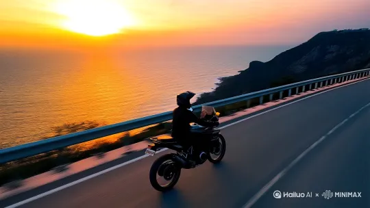 一个人骑车春风450clc摩托车在青岛沿海公路行驶。要有夕阳 by Hailuo AI Video Generator