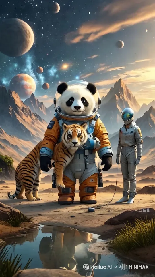 地上躺着一只老虎，熊猫蹲下来，把他抱起来，开心的张开嘴巴笑起来。[右移,左摇,跟随]边上的人开心的点点头 by Hailuo AI Video Generator