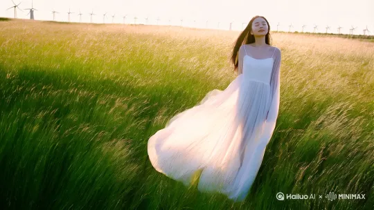 [右移,左摇,跟随]绿油油茂密草地随风轻摆，浅黄肤色亚洲女子闭眼悬浮离地匀速移动，白色雪纺长裙下摆与黑发呈流线型后飘，阳光斜照在悬浮轨迹上拉出细长柔光，8K超清画质锐利呈现草茎露珠与裙摆透明质感，超广角镜头延伸地平线至远处风车群，浅景深虚化两侧草浪强化主体悬浮前进的失重感 by Hailuo AI Video Generator