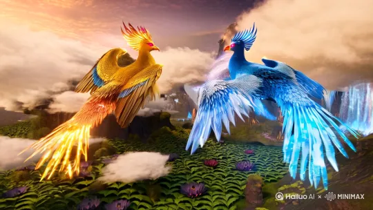 一对连体比翼鸟（symbiotic phoenix）以共生形态盘旋于天际，左鸟通体赤金火焰纹理（flaming golden plumage），右鸟覆盖冰蓝水晶鳞片（ice-blue crystal scales），双头共享璀璨红宝石眼眸（shared ruby eyes），翅膀交错挥动时产生能量漩涡（energy vortex），尾羽拖拽出星河光轨（galaxy light trail）"

🌿奇幻环境：
"背景呈现悬浮山脉（floating mountains）与倒流瀑布（reverse waterfalls），地面布满发光蕨类（bioluminescent ferns）和巨型莲花（giant lotus），空中漂浮着半透明水母云（translucent jellyfish clouds），远处可见青铜色上古遗迹（bronze ancient ruins）散发神秘符文（glowing runes）"

⚡动态特效：
"慢镜头展现双鸟俯冲时羽毛散落的星火（sparks）与冰晶（ice shards），翅膀扇动产生空气扭曲波纹（distortion waves），每次鸣叫伴随光波涟漪（sonic light ripples）扩散，黎明光线穿过鸟翼形成彩虹衍射（rainbow diffraction）"

🎨视觉参数：
"超现实奇幻风格（surreal fantasy），8K超高清细节（hyper-detailed），动态粒子特效（dynamic particle effects），霓虹赛博朋克色调（neon cyberpunk palette）混合水墨质感（ink wash texture），电影级光影（cinematic lighting）配合丁达尔效应（Tyndall effect）"

📽运镜建议：
"开场无人机视角（drone shot）穿越云层突现比翼鸟，追踪镜头（tracking shot）环绕飞行展现共生结构，慢动作（slow motion）捕捉羽毛与光效互动，最终广角镜头（wide angle）呈现巨鸟与悬浮山全景" by Hailuo AI Video Generator
