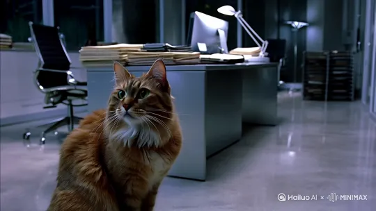 猫咪坐在办公室，大蛇从办公室大楼玻璃外面钻进来 by Hailuo AI Video Generator