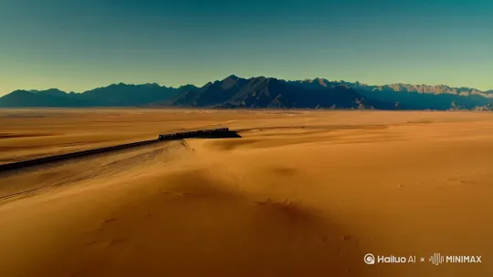 一列火车，飞驰在广袤的戈壁，背景远处的山峦叠嶂和夕阳的余晖。[推进,左摇,跟随] by Hailuo AI Video Generator