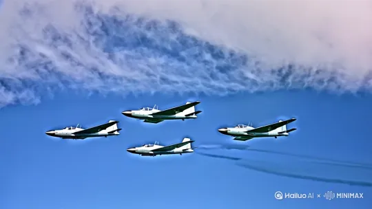 五架银灰色复仇者战机划破云层，在空中飞翔。 by Hailuo AI Video Generator