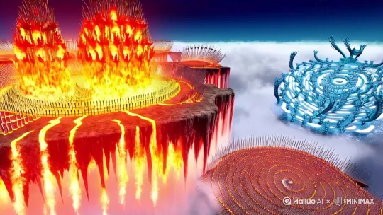 ：

---
**场景标题**：九霄惊雷·仙盟鏖战录

【开篇·天地异象】
镜头从破碎的虚空裂隙拉开，左侧「焚天剑宗」的赤炎浮岛上，三千柄燃烧着涅槃火的飞剑组成焚天大阵，岩浆瀑布倒灌苍穹。右方「玄霜冰魄阁」的极寒仙宫悬浮在暴风雪眼中央，九条冰晶苍龙盘绕的护宗大阵散发凛冽寒光。阴阳两极灵气对冲形成能量风暴，将云海撕扯成太极漩涡。

【人物特写】
焚天宗主凌空踏火而来，赤纹玄甲泛着熔岩纹路，眉心朱砂印引动天外陨星；冰魄阁主足踏冰莲现身，霜雪长袍飘散出千年寒髓气息，手中【极渊寒玉杖】挥动间冻结空间。双方长老结印唤出本命灵器，左阵火凤长鸣，右阵雪凰展翅，神兽虚影在云端撕咬缠斗。

【战斗高潮】
00:45 万剑齐发对撞冰龙吐息，赤红剑气与湛蓝寒潮在天地间交织成毁灭光网。地面战场浮现两宗弟子混战：火系修士结「八荒燎原阵」喷发地心炎柱，冰脉弟子以「霜天镜反」将烈焰折射为冰棱暴雨。

02:10 焚天剑宗祭出镇派至宝【赤霄劫鼎】，鼎内喷涌的混沌真火演化出三足金乌；冰魄阁激活上古禁术召唤【北冥玄龟】，龟甲浮现的太古符文凝结出绝对零度领域。两股力量碰撞引发空间坍缩，战场中心绽放出吞噬光线的黑洞奇观。

【终章·天道裁决】
当能量潮汐即将摧毁大陆时，九天之上降下渡劫雷罚，紫金色雷龙贯穿战场。硝烟散尽后唯见两宗残破的镇派灵器插在焦土之上，远处传来缥缈道音：「三千大道终归一，劫火寒霜俱作尘」...

【视觉参数】
- 色彩体系：赤红/冰蓝双主色调对冲，辅以渡劫金雷的耀金色
- 动态特效：粒子流体模拟灵压波动，刚体破碎表现建筑崩塌
- 运镜设计：360度环绕镜头展现立体战场，慢镜头特写法器碰撞的火星结晶
- 环境细节：飘散着燃烧符咒残页的灵气乱流，被冻结在半空的冰火莲花

建议搭配《仙逆》风格的水墨渲染引擎，增强灵力轨迹的毛笔触感，在爆炸场景中融入山海经异兽浮雕元素 by Hailuo AI Video Generator