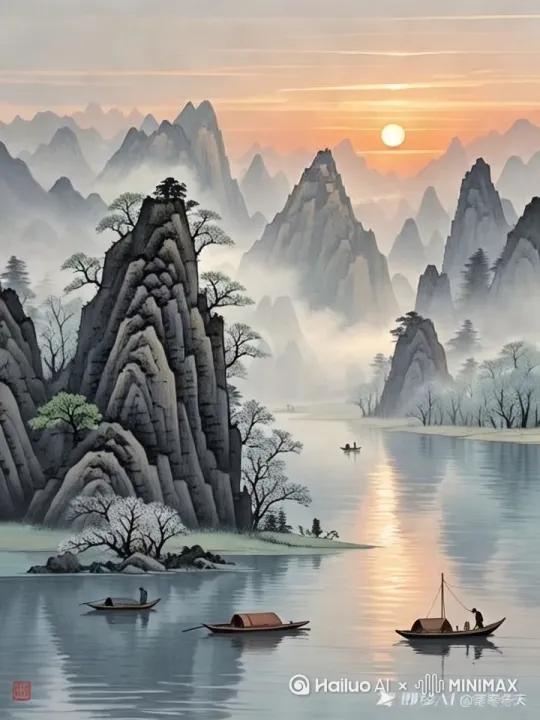 [推出,上升,下摇]画中小船在向前航行 by Hailuo AI Video Generator