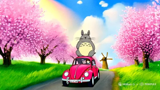 场景描述:樱花盛开的乡间马路两侧绿草如茵,远处可见蓝天白云下的木质风车,春日阳光透过云层洒下光斑。主体描述:毛茸茸的灰色龙猫挺着圆肚皮坐在红色甲壳虫车顶,穿着蓝色连衣裙的短发少女手握方向盘专注驾驶。动作描述:车辆匀速驶过飘落樱花瓣的蜿蜒道路,龙猫耳朵随风轻微晃动,尾巴在车顶有节奏地拍打。视觉风格:吉卜力手绘水彩质感,柔和的粉绿色调,带有景深模糊的油画笔触。氛围:温暖治愈的童话感,配轻快钢琴旋律与清脆鸟鸣环境音。技术细节:中景跟随镜头搭配龙猫特写,60帧丝滑运动,HDR光效增强花瓣透光感。 by Hailuo AI Video Generator