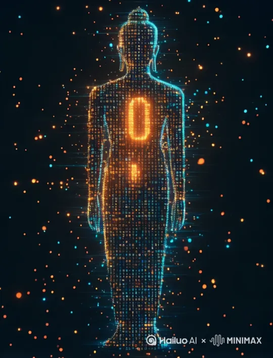 佛像往后走逐渐远离镜头，其身体由数字与字母构成，这些符号交替闪烁着‘0’与‘1’的霓虹光芒，营造出一片赛博风格的电子幻境。 by Hailuo AI Video Generator