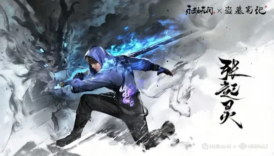 以画面为基础，聚焦张起灵持剑战斗姿态（主体保持静态清晰）。背景采用水墨风动态演绎：龙形轮廓周围水墨粒子翻涌流动，云雾与光影特效循环变幻，营造龙身若隐若现的动态氛围，地面水墨笔触如涟漪扩散，整体保留国风写意质感，突出“背景动态流转，主体稳定不动”的视觉效果。 by Hailuo AI Video Generator