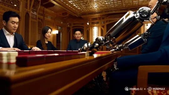 生成机器人和三个人打麻将的场景，机器人摸牌打牌要特写镜头。 by Hailuo AI Video Generator