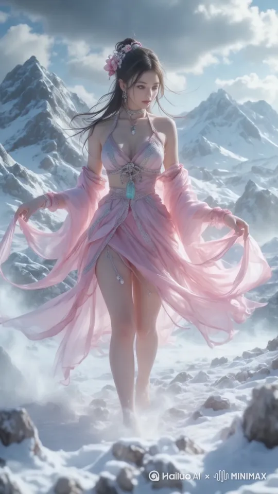 蹲下；抬头；雪花飘落；[拉远] by Hailuo AI Video Generator