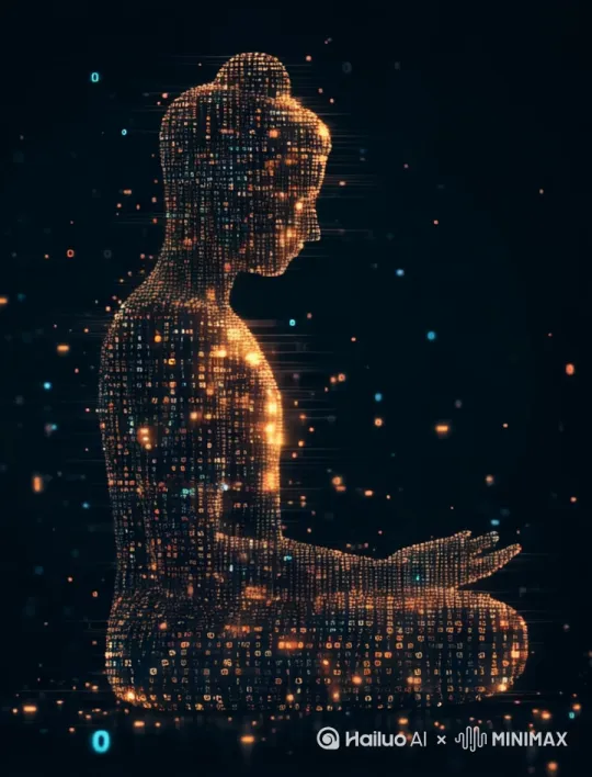 佛像安然不动，构成身体的数字与字母在闪烁，营造出一片赛博风格的电子幻境。 by Hailuo AI Video Generator