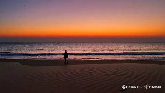 一个人在海边走着，环境黄昏，周围没人，大海的声音和海浪打到脚 by Hailuo AI Video Generator