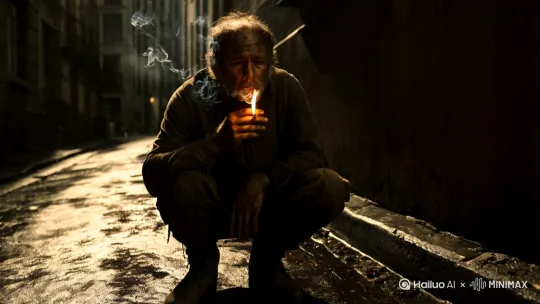 一中年男子蹲在昏黑的小巷子，粗糙的手拿着一根点燃香烟叼嘴里，并吐出烟雾，诉说生活的不易 by Hailuo AI Video Generator