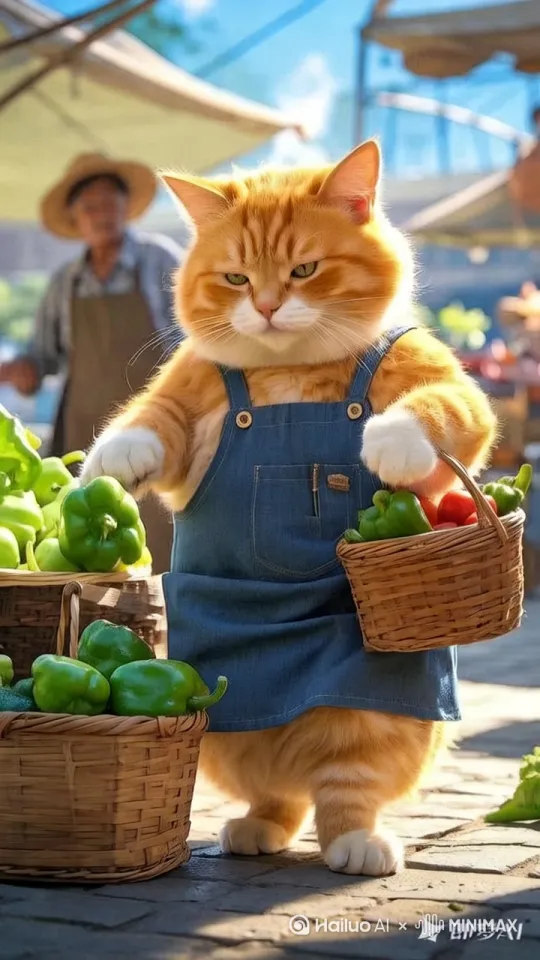 在熙熙攘攘的早市上,一只橘猫格外引人注目。它身着蓝色牛仔背带裤,模样憨态可掬 ,胖嘟嘟的身子透着可爱劲儿。此刻,它正专注地挑选着青椒,伸出爪子时小心翼翼 ,仿佛生怕弄疼了这些鲜嫩的蔬菜。只见它左挑挑、右拣拣,动作有模有样 ,一会儿轻轻拨弄一下篮子里的青椒,一会儿又仔细端详,活脱脱一个认真买菜的小大人。周围的摊主和顾客都忍不住被它这副认真的模样逗笑,这只可爱的猫咪,无疑是早市上一道独特的风景线。 by Hailuo AI Video Generator