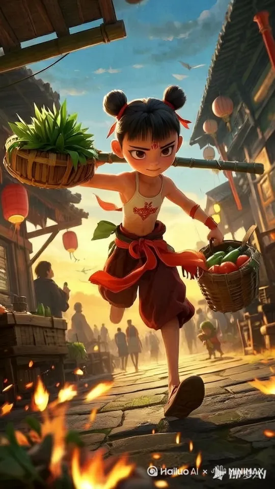哪吒一手稳稳握住竹棍，让一头挂着的菜篮保持平衡，竹棍搁在肩头，另一手拎着装满蔬果的篮子 ，撒开脚丫子往前冲。
只见他脚步飞快，一只脚高高抬起，用力往前迈出，落地时带着一股干脆利落的劲儿，另一只脚迅速跟上，交替向前，带起地面的尘土。跑动中，他的身体微微前倾，发丝随着动作飞扬，红绫在风中呼呼作响，透着一股急切。
沿途，他的眼神坚定，目不斜视，紧紧盯着家的方向，偶尔灵活地侧身，快速躲过路上的行人，像一阵风般穿梭在街巷中，一心只想快点回家。 by Hailuo AI Video Generator