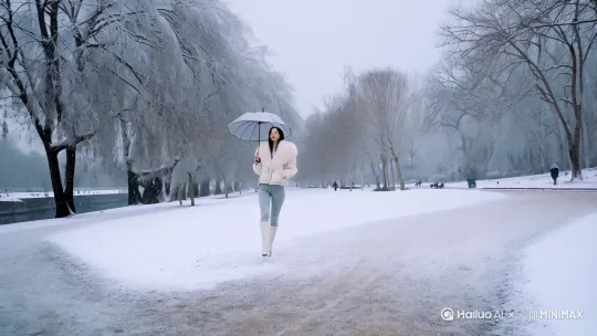 一个韩国美女，穿着白色短款毛领羽绒服，浅灰色紧身牛仔裤，白色高跟长筒靴，打着一把透明雨伞，走在冷清的河畔公园，天色阴沉，天空下着大雪， by Hailuo AI Video Generator