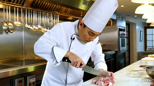 在大酒店的厨房里， 厨师穿白色衣服，厨师在白色塑料墩上切腰花，固定镜头，机位在右侧，近景。 by Hailuo AI Video Generator