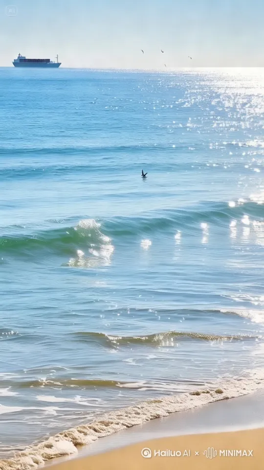 海浪冲刷着沙滩，海鸥翱翔，[右移,左摇,拉远] by Hailuo AI Video Generator