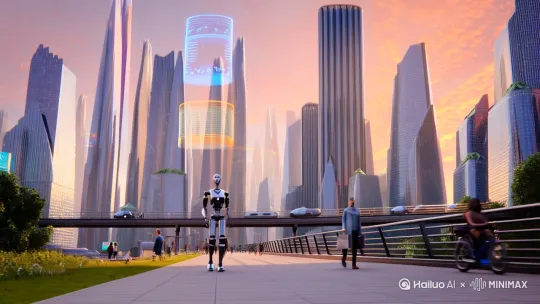 生成一段十年后机器人行走在都市中 by Hailuo AI Video Generator