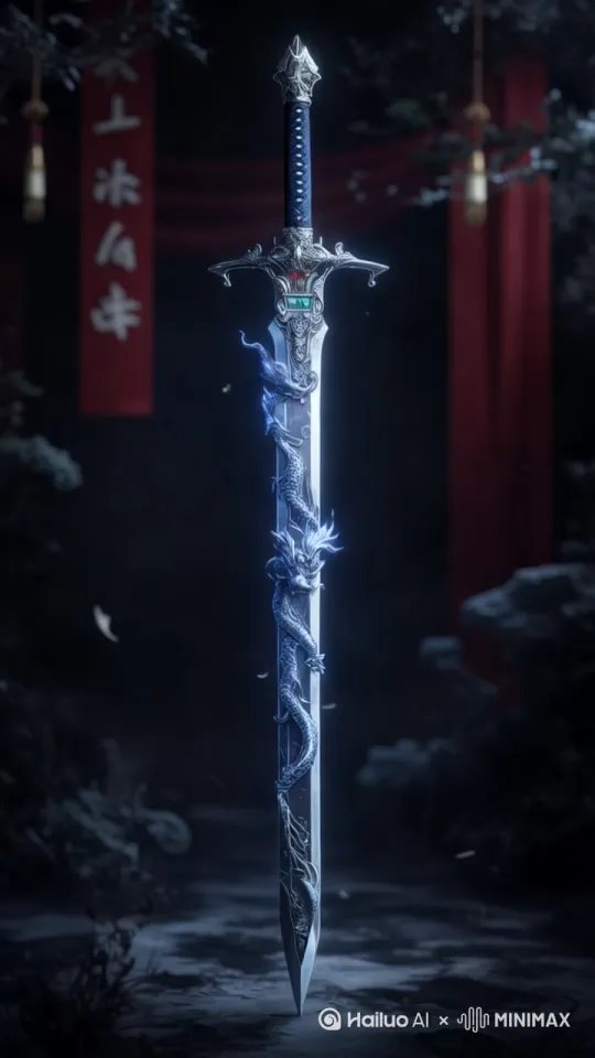 [推进]地面发出浅蓝色光；剑身发透亮的蓝光 by Hailuo AI Video Generator