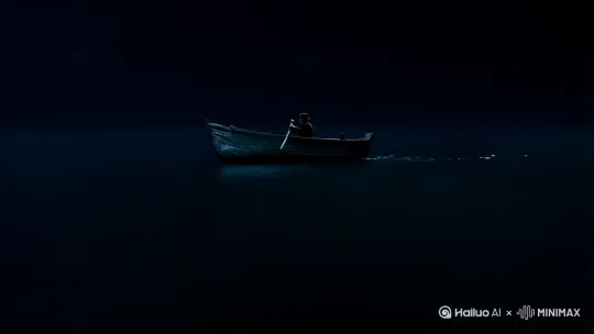 帮我生成一个视频。一艘小船行驶在漆黑的夜里，孤独无力，路程还有很远，身边只有黑夜和划水声陪伴，想过折返，想过放弃，可是前面还有很重要事情需要你来解决，再坚持一下，黎明的曙光就在眼前。 by Hailuo AI Video Generator