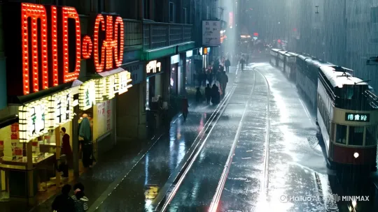00:00-00:05】  
*镜头*：俯拍雨夜香港街景  
霓虹招牌「美都餐室」在雨中闪烁，双层电车叮叮驶过溅起水花  
（歌词字幕：是对是错也好不必说了）  
*特效*：35mm胶片颗粒+雨水划痕 by Hailuo AI Video Generator