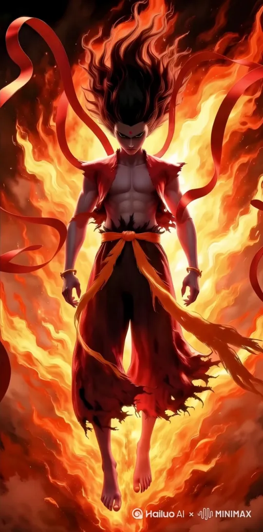 (masterpiece:1.4),(best quality),dynamic standing pose,Nezha at battlefield core,6 translucent spirit arms radiating outward,(flame crown triple-layered:1.6),celestial weapons in each hand: flaming spear/hook swords/energy bow/chain whip,(muscle tension visible through fire aura:1.3),magma fissures underfoot,swirling plasma storm background in crimson-gold gradient,(chi flow visualization:1.5),war god emblem blazing on chest,ash particles swirling around combat boots,dramatic foreshortening perspective,black hair, by Hailuo AI Video Generator
