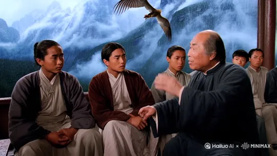 下雨天，国学大师在学堂传授知识，窗外山被云雾环绕，弟子们凝神谛听，现场既有"鲲鹏展翅"的激昂辩论，也有对"知行合一"的深情分享，恍若置身千年文脉的流转之中。满堂掌声中，青年学子感慨万分 by Hailuo AI Video Generator