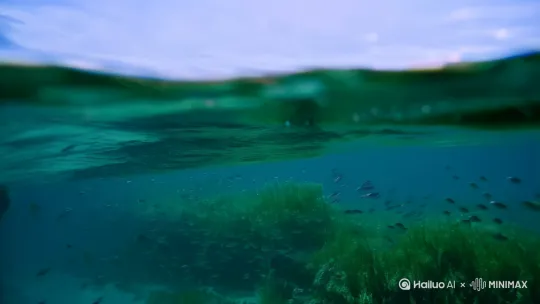 第一人称，潜在在水里环顾四周[右摇,变焦推进]，然后有鱼有水草，它们随着水晃动着，然后视角从水里冒出来[上升]，看到夕阳，云彩等，一阵夏天的感觉[变焦拉远] by Hailuo AI Video Generator