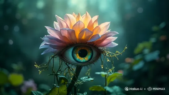 [左移,推进,右摇]一朵绽放于迷雾缭绕森林中的莲花，化为一只绚丽多彩、拥有纤长睫毛的神秘眼睛。花瓣间点缀着细嫩植物与缠绕藤蔓，宛如自然的守护者。柔和的光线自天际倾泻而下，聚焦于莲花与眼眸之上，赋予其生命般的灵动。特写镜头，缓缓推进，捕捉每一个细腻变化，引领观者深入探索这未知世界的秘密。中景至特写，动态运镜。 by Hailuo AI Video Generator