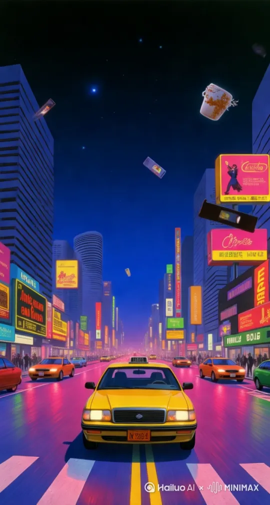 街景后退、无尽循环的道路，闪烁的霓虹灯，蒸汽波 by Hailuo AI Video Generator