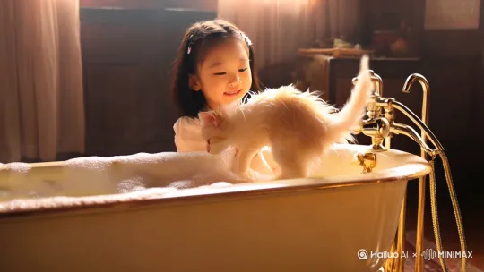 沈畅小女孩在给她的小猫咪洗澡，小猫摇晃着身体，掀起了浴缸里的泡泡 by Hailuo AI Video Generator