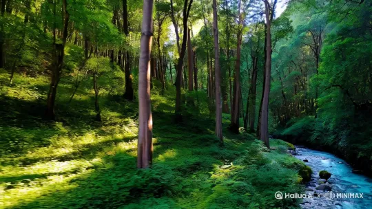 晨曦中的山林，流水潺潺,体现人与自然和谐 by Hailuo AI Video Generator