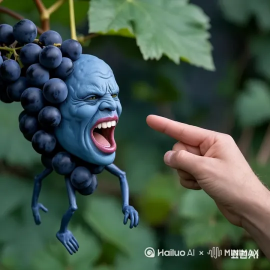手指伸进嘴里，被葡萄人吐出来，然后葡萄人与手指大战三百回合 by Hailuo AI Video Generator