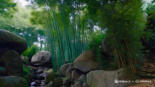 以郑板桥的竹石为题，做一个分镜视频，加音效配音！突出风吹雨打下石竹的坚韧不拔的精神！[背景音乐开始]
[风声和雨声逐渐加强]

旁白：在这片竹林中，风雨交加，竹叶随风摇曳，仿佛在诉说着大自然的故事。

[背景音乐继续]
[风声和雨声持续] by Hailuo AI Video Generator