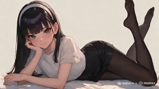 女孩晃动着脚，眨眼睛，摆弄着头发，[左移,上升] by Hailuo AI Video Generator