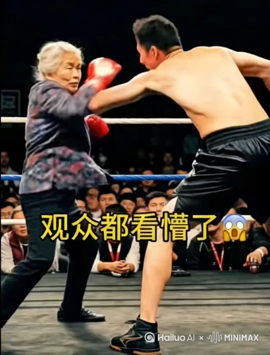 两位选手两位选手在舞台格斗，女选手跳起左腿踢男选手头部，动作真实。 by Hailuo AI Video Generator