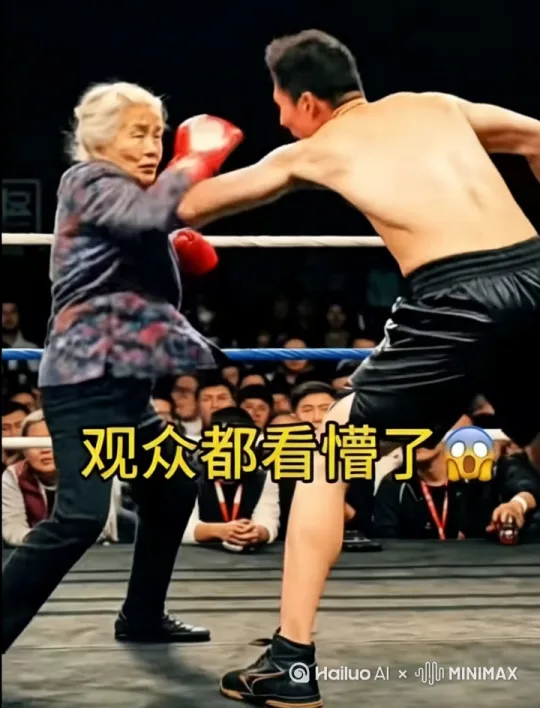 两位选手两位选手在舞台格斗，女选手跳起左腿踢男选手头部，动作真实。 by Hailuo AI Video Generator