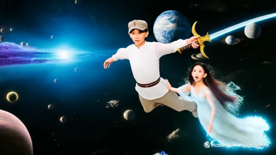 主角御剑飞行 穿越全宇宙  和一个漂亮的姑娘飞翔 地球人在疯狂呐喊 啊强你好幸福啊 by Hailuo AI Video Generator
