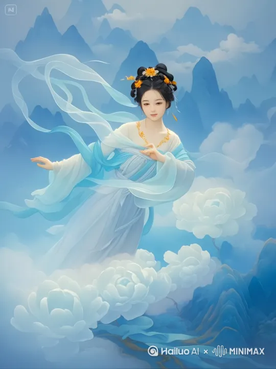 飞天仙女在天空飞行。快速高空跟踪镜头移动，无人机视角，一个超现实的高速梦境序列。平滑水平飞行的感觉。衣服随风摇摆，相机从略高位置的俯视角度紧密跟踪从左后方向右后方移动，保持对站立姿势的持续视角，随着角色迅速穿越场景，身后的云朵快速向后移动。 by Hailuo AI Video Generator