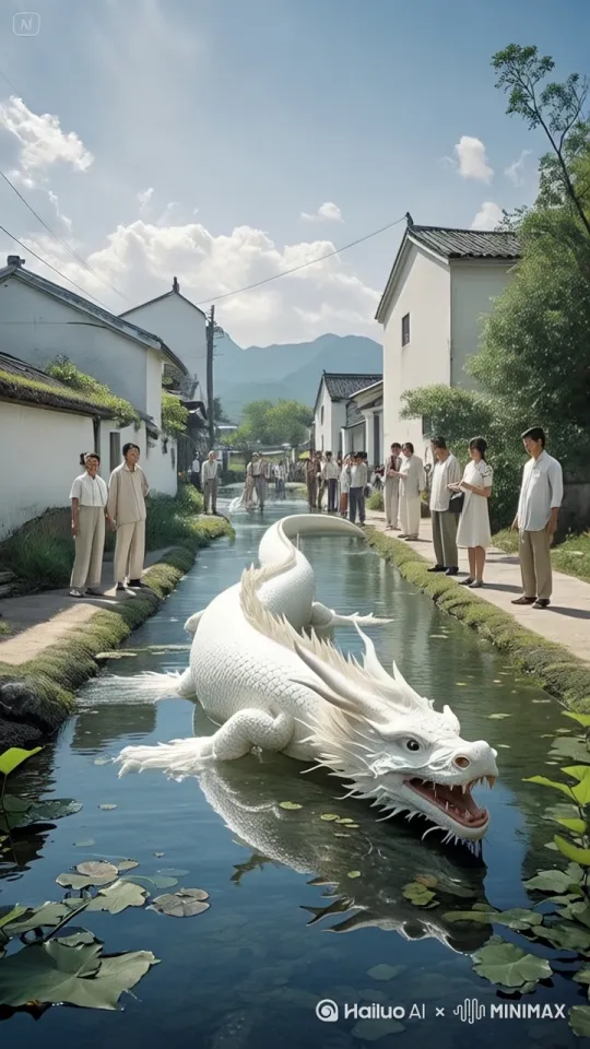 图中龙形生物用四个爪拍打着水面，水面溅起水花，龙形生物随即头先抬起，带动整个身体向上腾飞而起，整个身体象飘带一样摆动，飞向远方逐渐消失。动作丝滑连贯。人们惊奇的眼神随龙腾飞而移动。 by Hailuo AI Video Generator