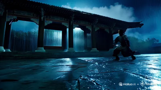 场景：雨夜古寺庭院，青石板地面湿滑，月光透过乌云间歇性照亮场景。  
角色：两名蒙面高手，一人持双刀（刀刃带血），另一人持长枪（枪缨鲜红）。  
动作：双刀高手疾步前冲，刀刃交叉劈砍；长枪武者后撤半步，枪杆格挡后顺势横扫，触发石板碎裂特效。  
运镜：开场仰视角突出古寺飞檐，镜头跟随双刀动作快速平移，切换至长枪特写（枪尖寒光），慢镜头捕捉碎石飞溅，最后俯拍两人对峙剪影。  
风格：电影级写实，高对比度光影，雨水与动作同步慢放，加入细微血雾粒子效果。 by Hailuo AI Video Generator