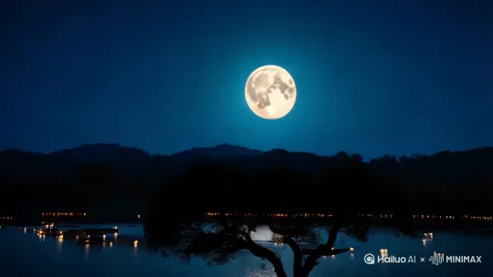 一个短视频的故事大纲：

开场：视频以深蓝色的夜空开场，镜头缓缓移动，展示宁静的湖面和周围的环境。
月亮和灯光：镜头聚焦在天空中的大月亮上，然后慢慢转向水面上的灯笼，捕捉灯笼发出的温暖光芒。
自然景观：视频展示两棵大树的特写，捕捉树影在月光下的轮廓，接着镜头转向湖面上的雨丝，展现雨夜的诗意。
水面和小船：镜头跟随几艘小船在湖面上航行，展示船上的乘客在享受夜晚的宁静。同时，捕捉水面上的倒影，展现月亮和灯笼的美景。
花朵：视频特写水面上和岸边的红色花朵，展现它们的鲜艳和生机。
雨滴：镜头捕捉细细的雨滴从天空中落下，打在湖面上，形成涟漪。
结尾：视频以整个场景的全景作为结尾，再次展现这个宁静、美丽而又充满诗意的夜晚世界。
这个构思可以作为视频制作的 by Hailuo AI Video Generator