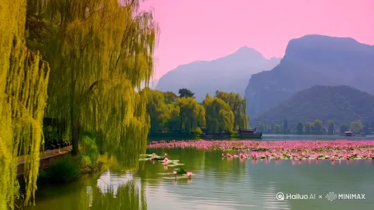 西湖岸边垂柳的近景开始，慢慢拉远，展现出湖中的荷花与远处的山峦，画面以绿色和粉色为主色调，呈现出西湖的柔美与宁静。 by Hailuo AI Video Generator