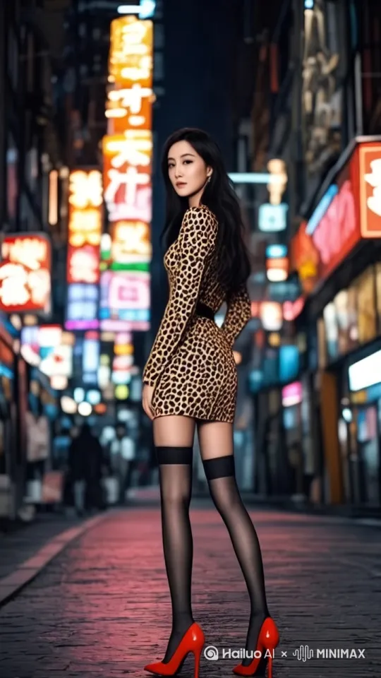 [左移,右摇,跟随]夜幕低垂，霓虹闪烁的都市街头，一位穿着豹纹连衣裙搭配红色高跟鞋的女性，如同夜晚的猎豹般，站在画面中心，背对镜头，一头乌黑长发随风轻扬。她的姿态优雅自信，仿佛整个城市都是她的舞台。8K超高清镜头细腻捕捉丝绸裙摆与皮革鞋面的质感对比，柔和侧光勾勒出她曼妙的身形，裙摆透视效果增添几分神秘诱惑。背景虚化处理的霓虹光斑，营造出繁华都市的梦幻氛围，高级灰调中点缀虹彩光晕，尽显艺术奢华与现代都市的交融。时尚杂志封面近景特写，每一帧都透露着女性的独立魅力与都市夜色的无限可能。 by Hailuo AI Video Generator