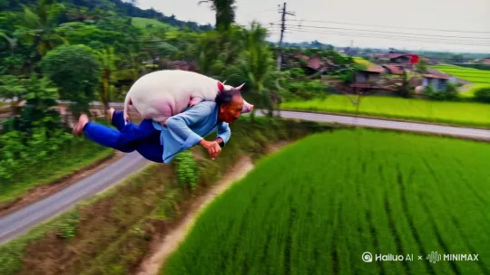 快速高空跟踪镜头移动,无人机视角,背景在一个中国农村的马路边的水田上,一个老大爷扛着小肥猪的姿势向前飞行,轻松地在水田上空踏空飞行,他扛着小肥猪,双腿像中国轻功一样在空中飞纵,双脚往前疾奔,仿佛在空中踏出一条路,捕捉平滑飞行的感觉。衣服和头发随风摇摆,相机从略高位置的俯视角度紧密跟踪从左后方向右后方移动,随着角色穿越场景。环境是动态的,快速变化,不断往后掠过的水田里蹦出来的一只只外星人,四周是错落的房屋和田地。 by Hailuo AI Video Generator