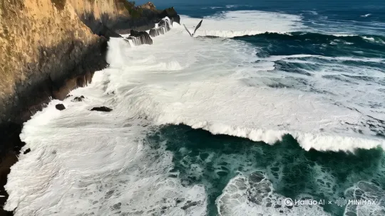 ：
海浪不断拍打着海岸线，泡沫在海浪的冲击下不断变化着形状，同时远处的海鸥在飞翔，为整个画面增添了动感和生机 by Hailuo AI Video Generator