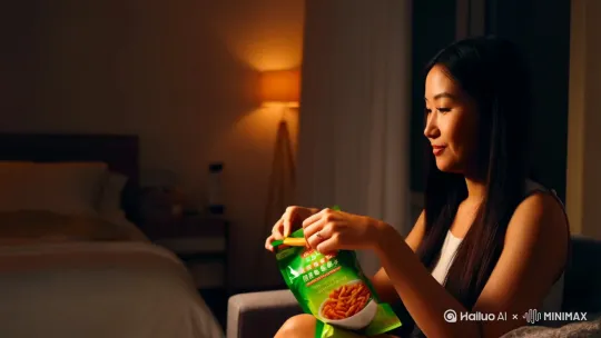 [左移,推进,右摇]在深夜，一个中国美女在看电影的时候打开一包辣条，从辣条包装中拿出一根辣条细细品尝每根辣条带来的麻辣刺激，是追剧的必备佳品，有吸引旁人一起来尝试的诱惑力。 by Hailuo AI Video Generator