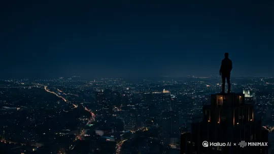 夜晚。一个人现在城市最高楼俯瞰整个城市 by Hailuo AI Video Generator